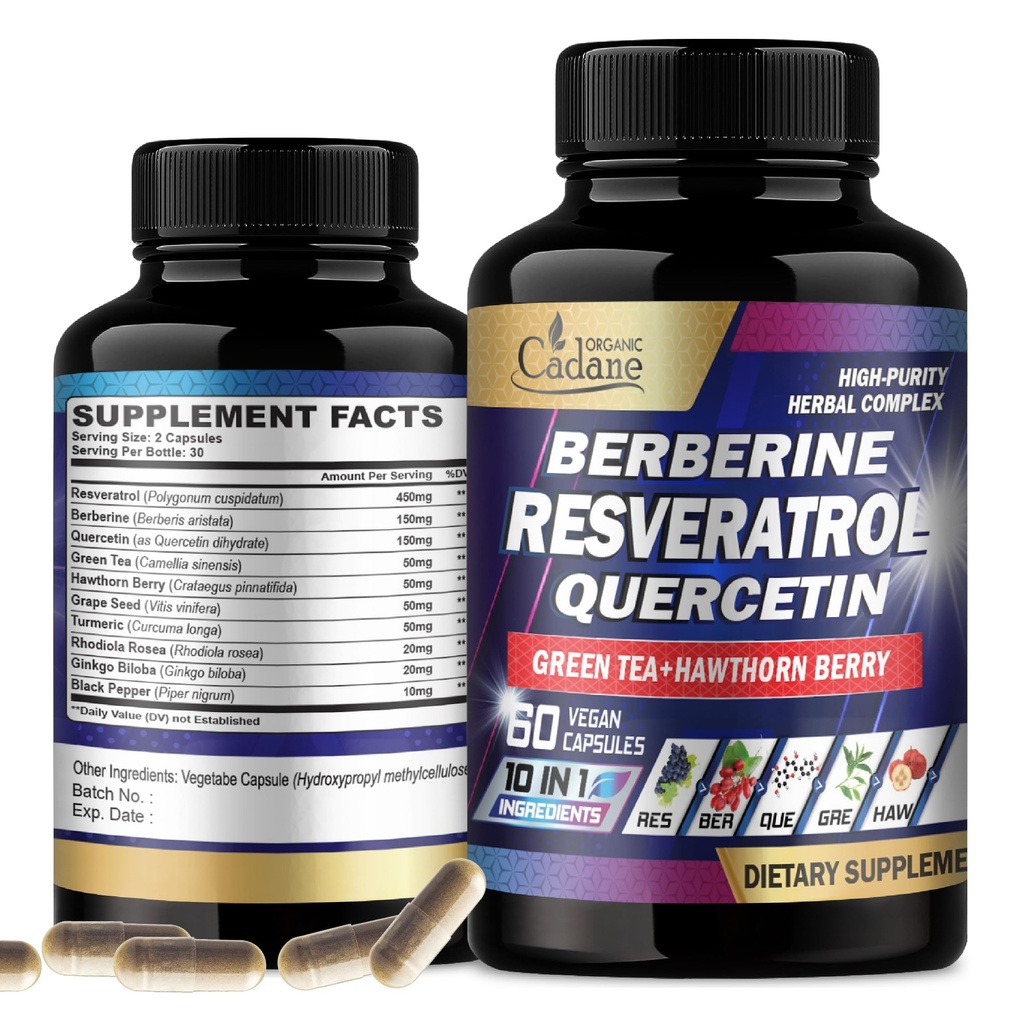 Cadane Resveratrol Tambahan - 10in1 Plus dengan Quercetin, Berberine, Green Tea, Grape Benih, Hawthorn Berry, Turmeric, Rhodiola Rosea, Ginkgo Biloba, dan Black Pepper - 60 Capsules