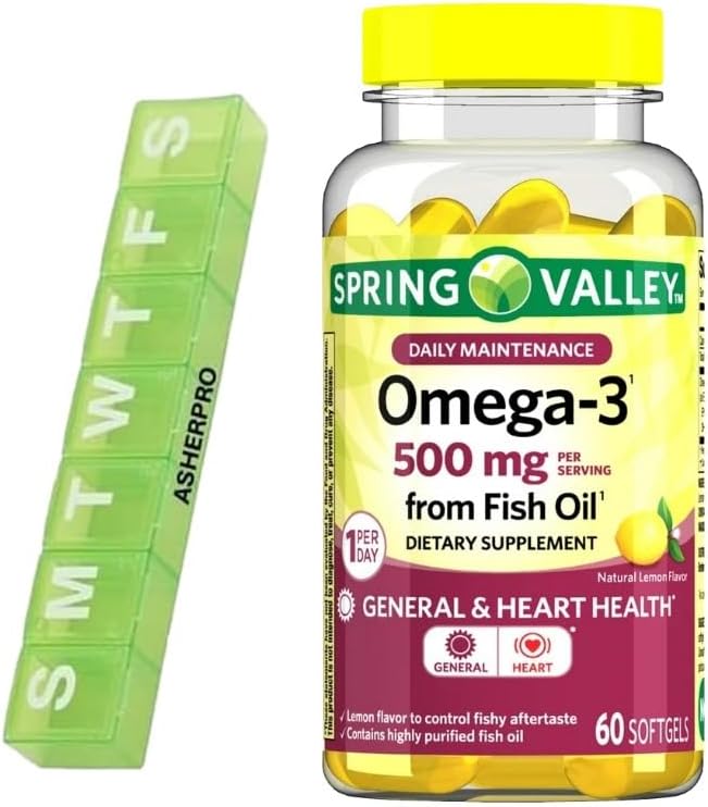 Spring Valley Omega-3 Fish Oil, 500mg, Omega 3 Fish Oil, Fish Oil Omega 3 Suplemen, Omega3, Omega 3 Fatty Acid Suplemen, = 60 Count + Pill Organizer