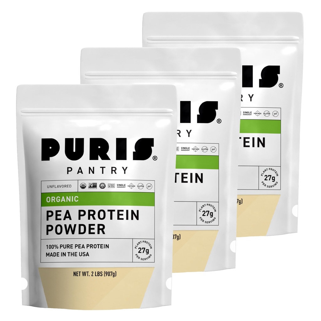 PURIS Powder Organik Pea Protein - USDA Organik Vegan Protin 126; 27g Plant Protein Per Serving 14; Non-GMO GMO Gluten- Free Soy- Free 124; Clean Label 124; Smooth Taste 124; 2 Lb (3 Pack)