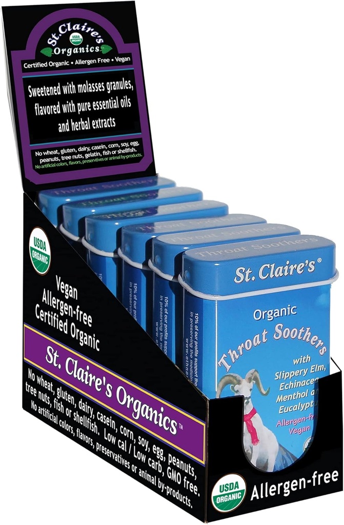 St. Claire 's Organics Throat Sothers, (1.5 Ounce Tin, Pack of 6) Gluten- Free, Vegan, GMO-Free, Plant-Based, Allergen- Free 124; Made in Our Allergen- Free Fasilitas
