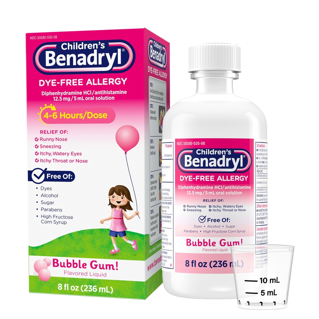 Obat Allergy untuk Anak-anak Benadryl, Dye- Free Allergy Liquid, Obat Allergy for Kids, 12.5 mphenhydramine HCI Antihistamin, Relieves Runny Nose & Sneezing, Paraben-Free, Bubble Gum Flavor, 8 fl.