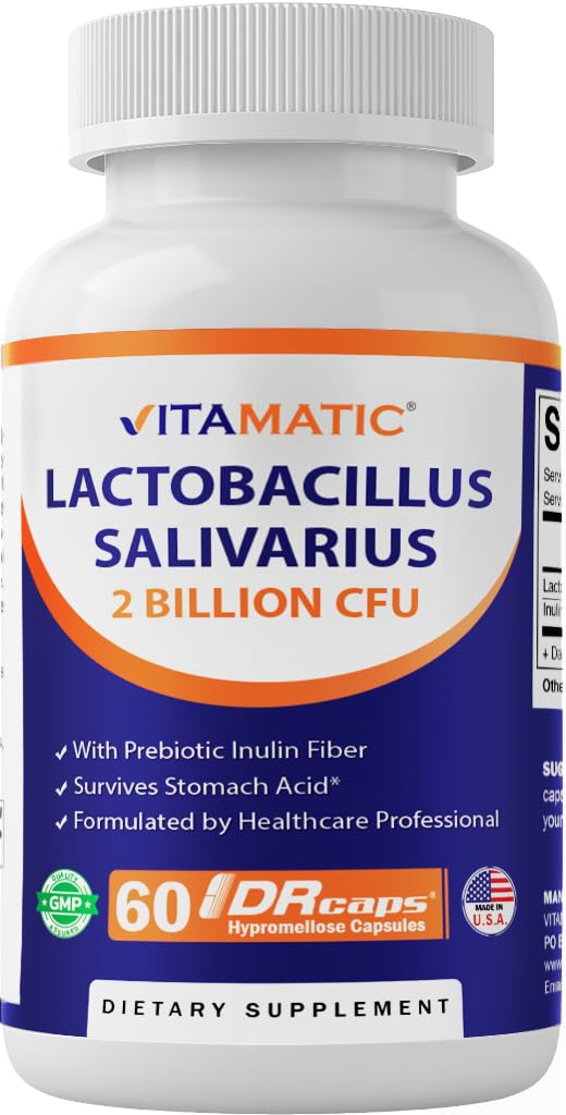 Vitamatic Lactopiillus Salivarius 2 Miliar per DR Capsule - 60 Count - Digetical Dukung - Dibuat dengan Prebiotic Inulin Fiber (1 Botol)