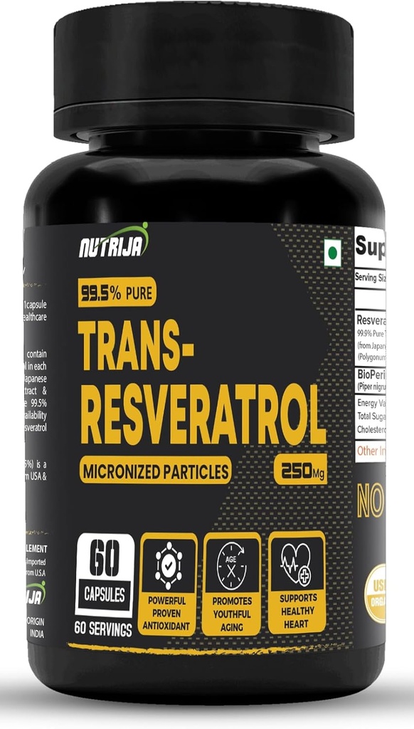 Trans Resveratrol 250MG Capsules - 99,5% Pure Micronized dan Sangat Bioavable Suplement Suplemen; Slow Down Aging, Proven Powerful Anti- Oxidant 124; Membuktikan Metabolisme & Heart Health (120 Capsules)