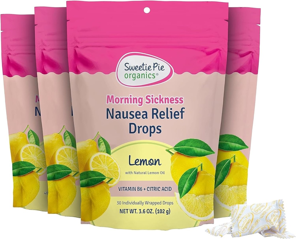 Sweet Pie Organics Pregnancy Nausea Relief Drops, Soothe First Triester Morning Sickness, Lemon Flavor, 30 Count, 4 Pack