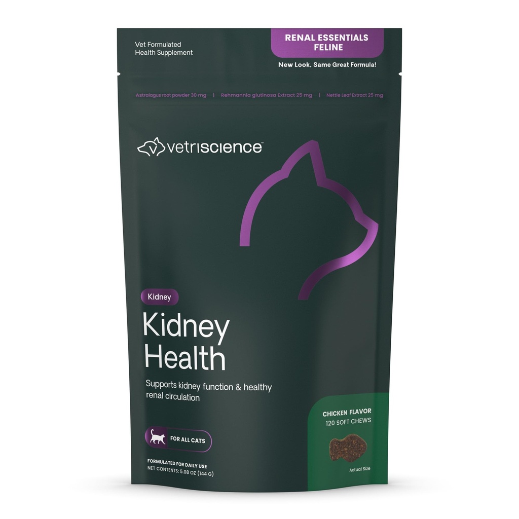 VetriScience Ginjal Health Chews, Renal Esensial Suplemen untuk Kucing, Kidney Care dan Dukungan dengan Mushroom, Astragalus Root, Benih Nettle dan Herbs, Ayam, 120 Count