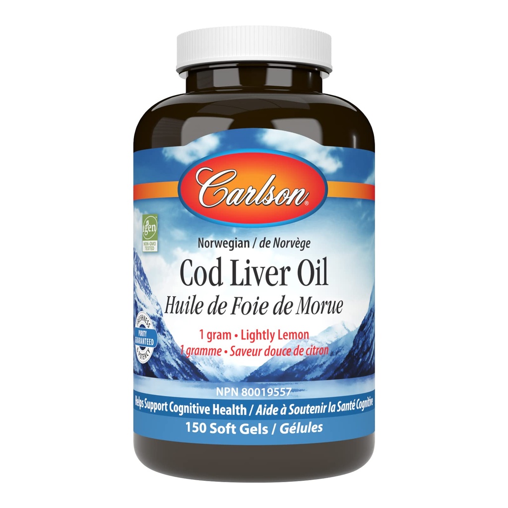 Carlson - Cod Liver Oil Gems, 460 mg Omega-3s + Vitamins A & D3, Wild- Caught Norwegia Arktik Cod- Liver Oil, Sustaindibly Sourded Fish Oil Capsules, Lemon, 150 Soft Gels
