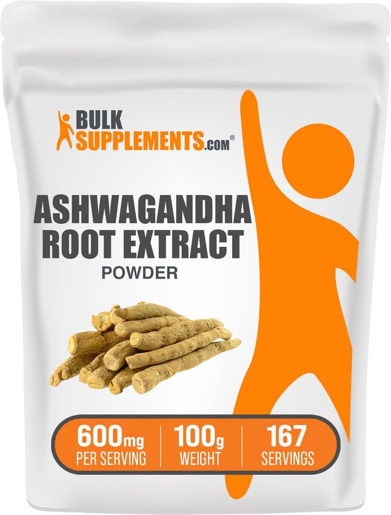 Suplemen BulkSuplemen .com Ashwagandha Root Extract Powder - Ashwagandha Suplemen, Herbal Suplemen - Vegan & Gluten Bebas, 600mg per Serving, 100g (3.5 oz) (Paket 1)