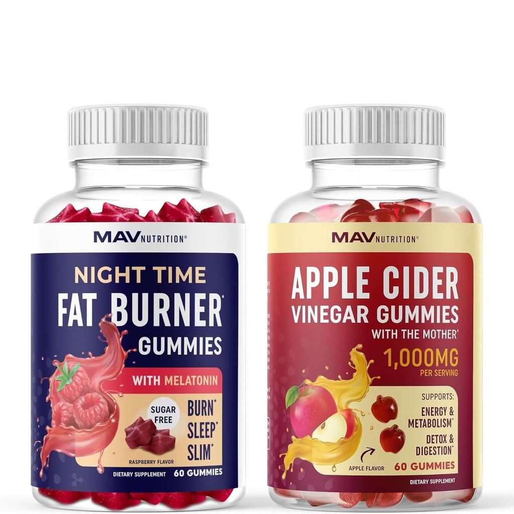 MAV NUTRITITION Night Time Fat Burner Gummies and Apple Cider Vinegar Gummies 1.24; Nighttime, Metabolism Boost & Weight Management Gummy Bundle 124; 30 Servis Masing-masing