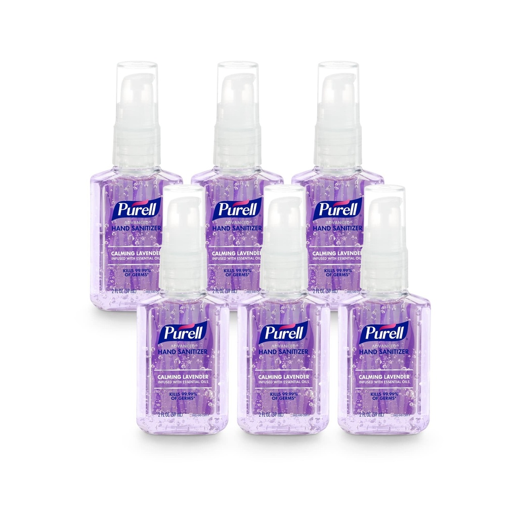 Purrell Advanced Hand Sanitizer Gel Diinstal dengan Estial Oils, Calming Lavender, 2 fl oz Traveler-Ukuran Botol Pompa (Paket 6), 3905-04- EC
