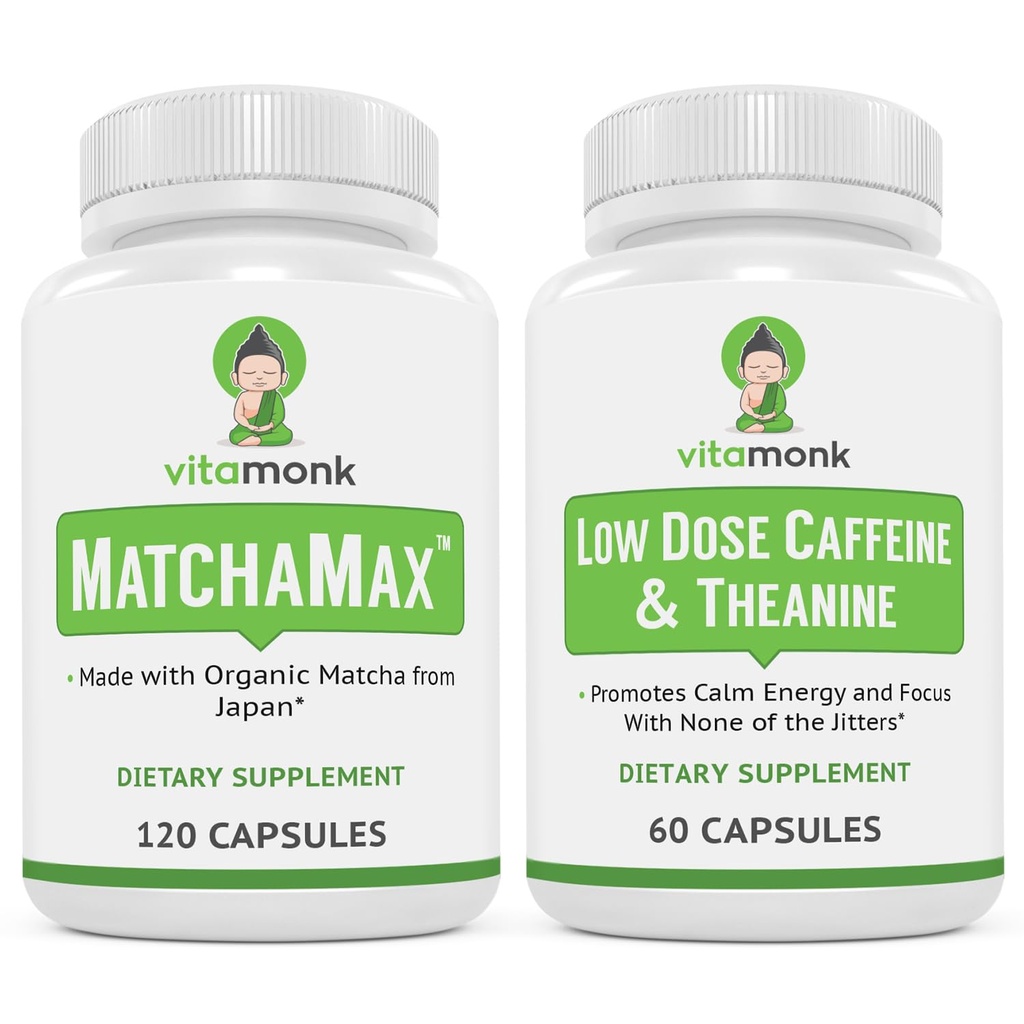 VitaMonk Energy & Focus Bundle: MatchaMax Organik Jepang Matcha Capsules rendah Dose Caffeine dan Theanine
