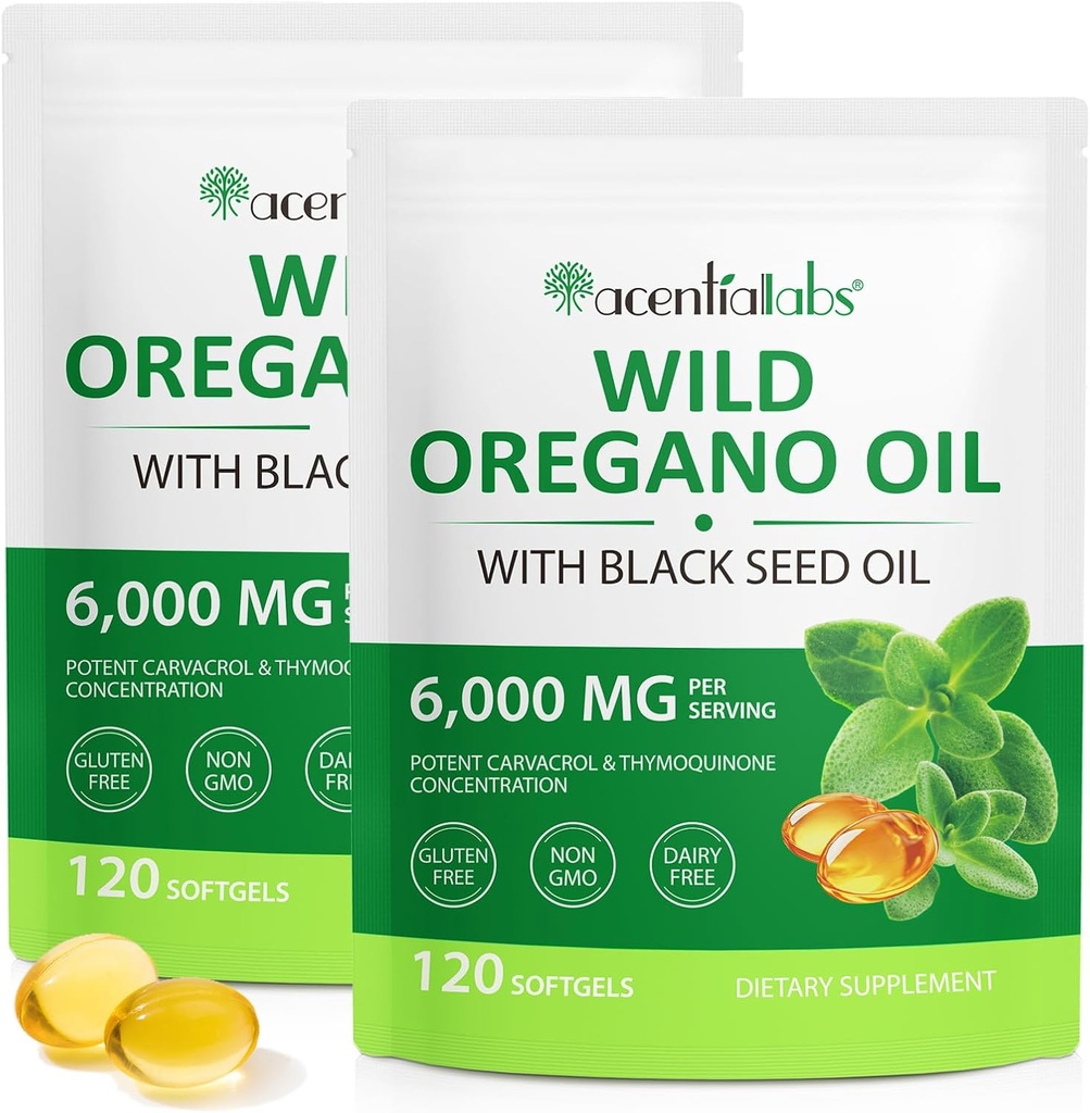 Minyak Oregano Softgeels 6000mg 2, 2 dalam 1 Formulated with Black Seed Oil 120 Count, Oregano Oil Capsules Organic, Gluten Free Oil of Oregano Softgels, Non-GMO & Imune Dupport