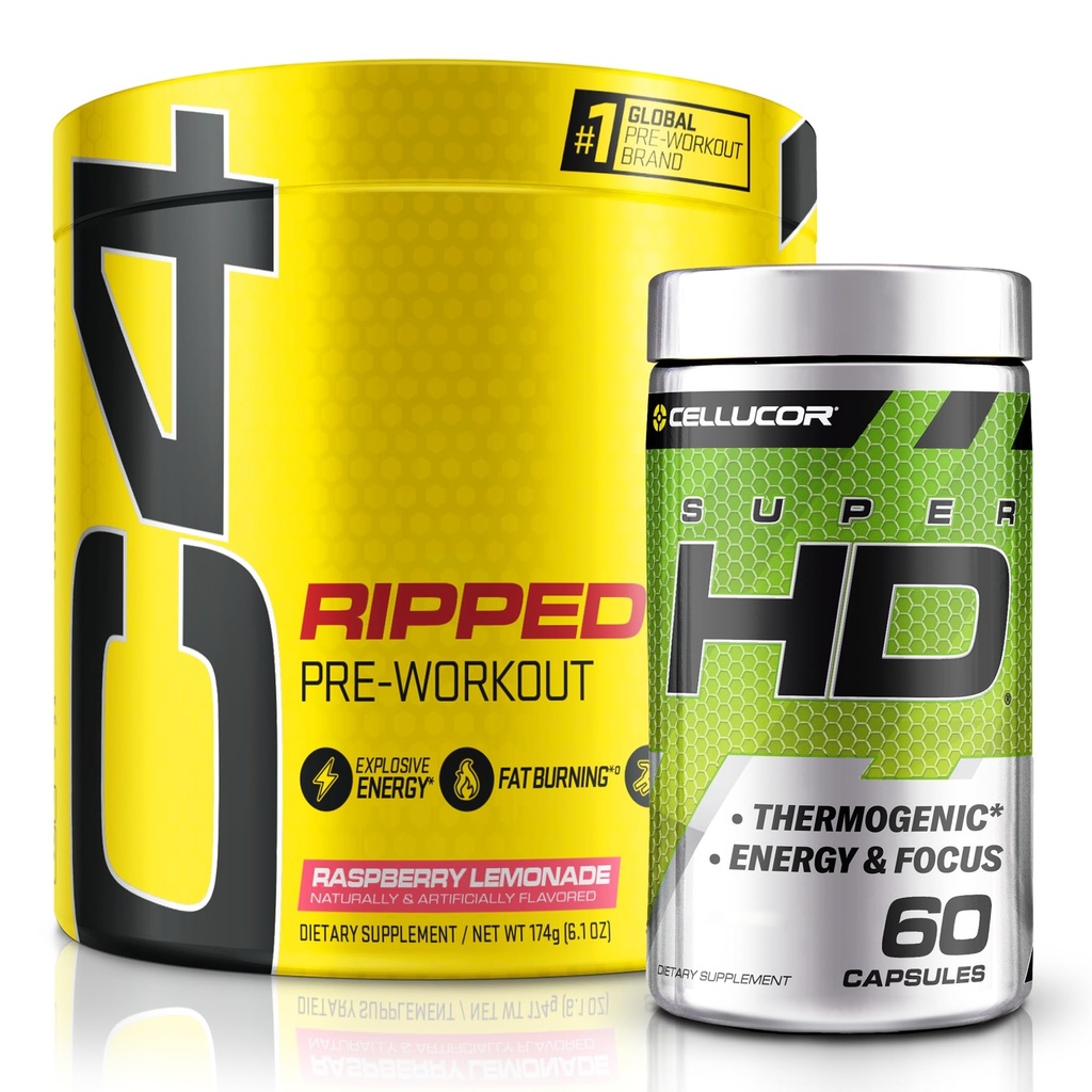 C4 Ripped & SuperHD, Bundle Thermogenic, Popper Pre Workout C4, Raspberry Lemonade 30 Servings + SuperHD dengan Capsimax dan Green Tea Extract, 60 Servings