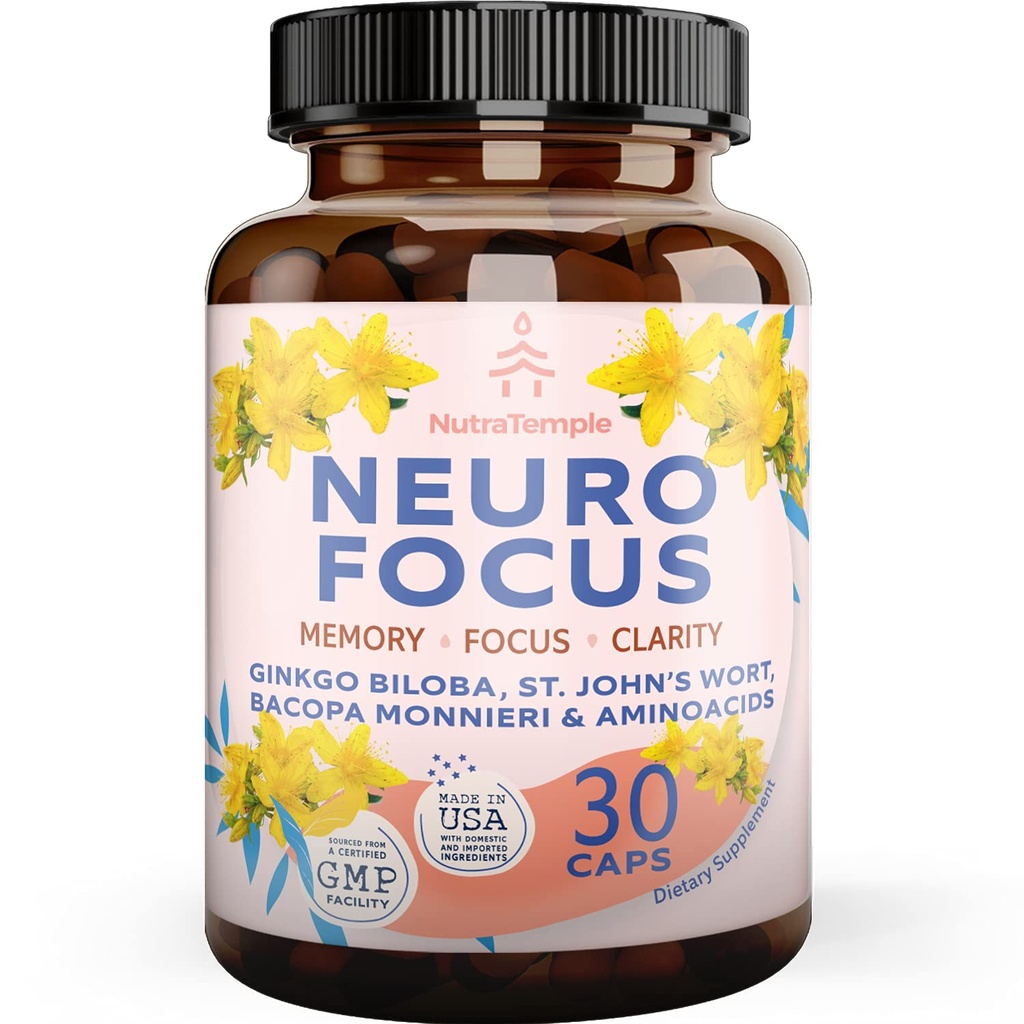 Brain Booster Gingko Biloba Suplemen - Nootropics for Mind, Focus, Memory, Clarity with Bacopa Monnieri, St. Johns Welt - 30 Brain Food Capsules
