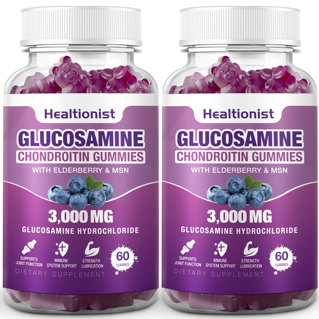 2 Packs 3000mg Glucosamin Chondroitin Gummies dengan MSM & Elderberry - Ekstra Kekuatan Kesehatan Gabungan, Fleksibilitas, Antioksidant Immune Dukungan Gummy untuk Dewasa, Pria & Perempuan 120 Cts