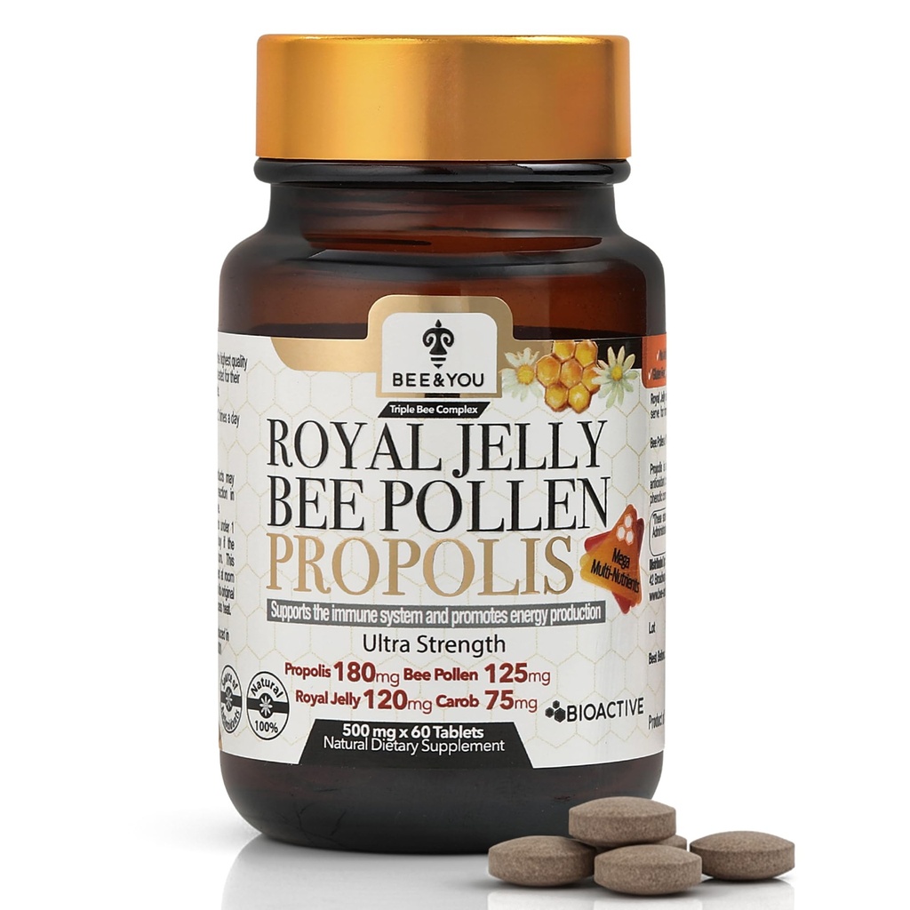 Bee and You Royal Jelly Tablet, Propolis Extract, Bee Pollen, 100% Natural Superfood, Ultra Pure, Support Ammune, Improve Energy, Focus, Antiokidants, Fresh, Keto, Paleo, Gluten- Gratis 124; 60ct