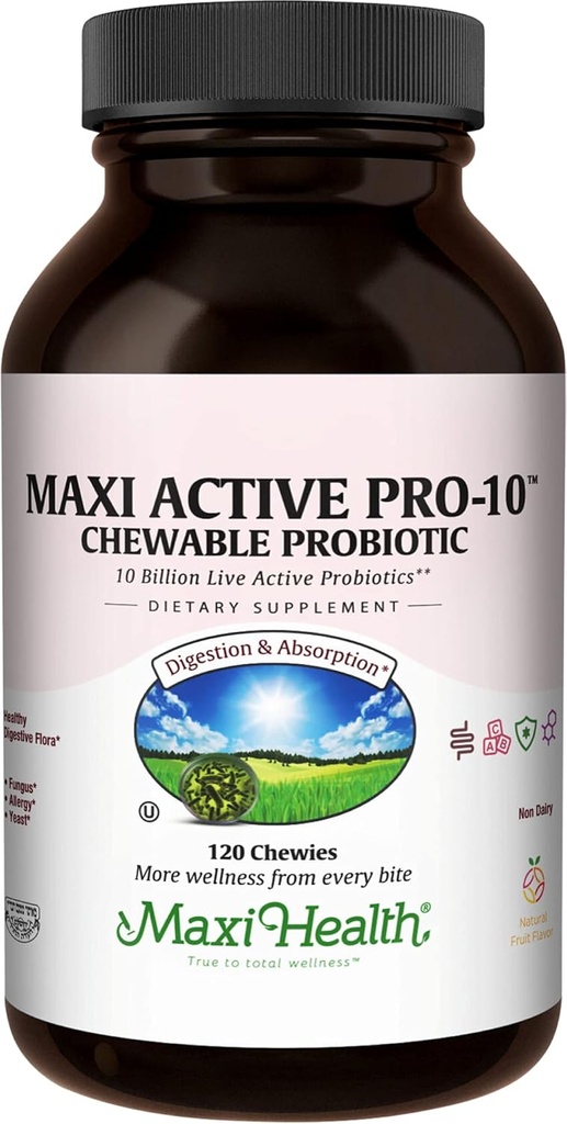 Maxi Health Active Pro-10 Kids Probiotic Chewables - 15 Strains for Digetical & Ammune Health -10 Milyar Probiotic Blend - Free, Kosher - Support Gut Health, Vegetarian - 60 ct (Shelf Stable)