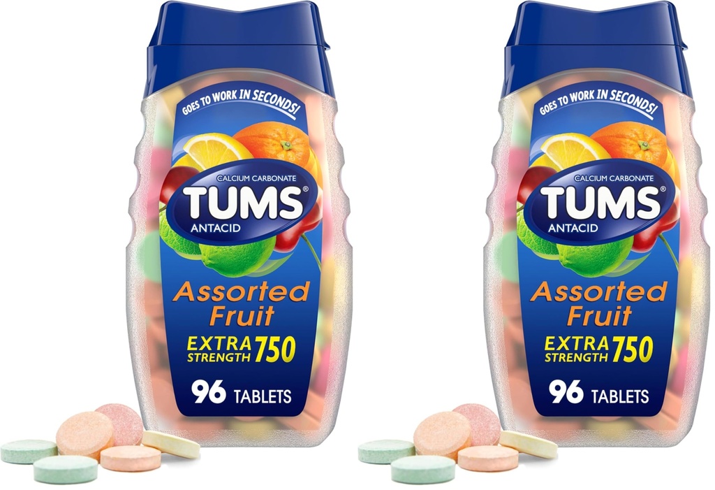 TUMS Ekstra Kekuatan Antax Tablet untuk Relief Heartburn dan Relief Internation Acid, Didukung Fruit Flavors - 96 Cacah (Paket 2)