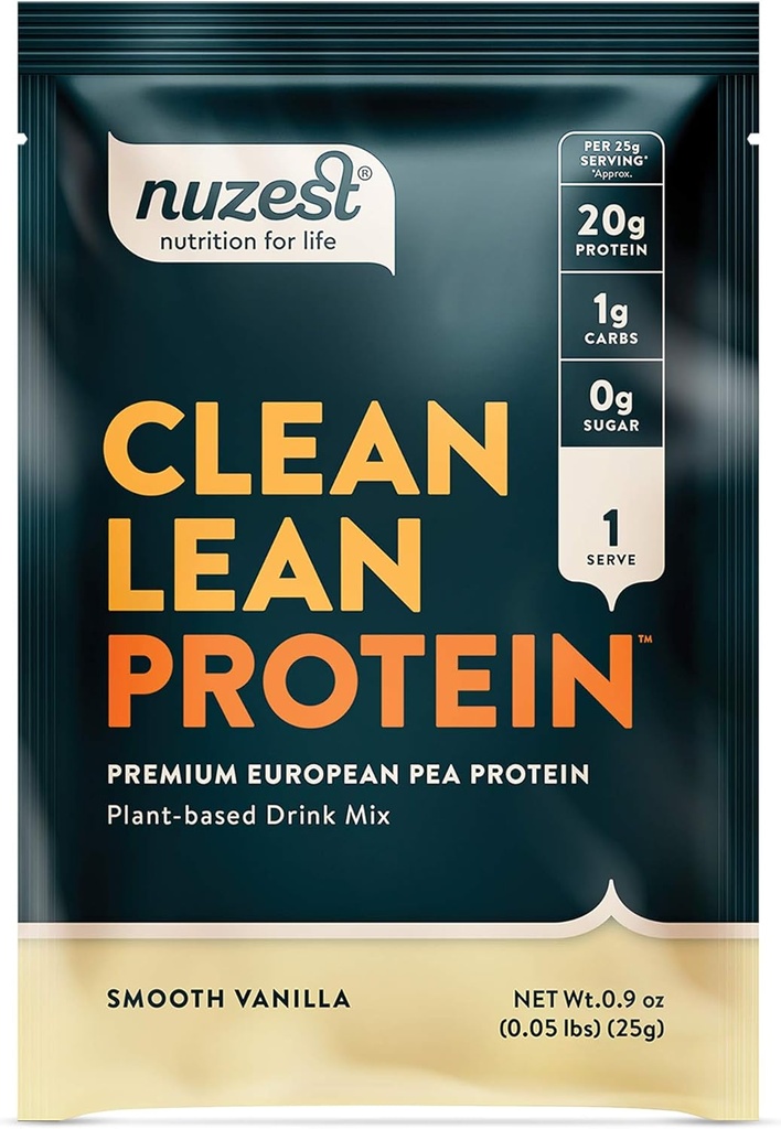 Nuzest - Pea Protein Powder - Clean Lean Protein, Premium Vegan Plant Based Protein Powder, Dairy Free, Gluten Free, GMO Free, Alamed Sweeded Protein Shake, Smooth Vanilla, 1 Serving, 0.9 oz