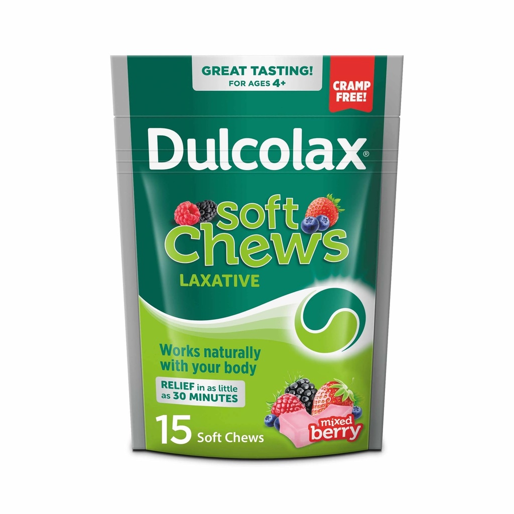 Dulcolax Saline Laxative Soft Chews, Gentle Constipation Relief, Mixed Berry Flavor, Magnesium Hydroxide 1200 mg, 15 Count
