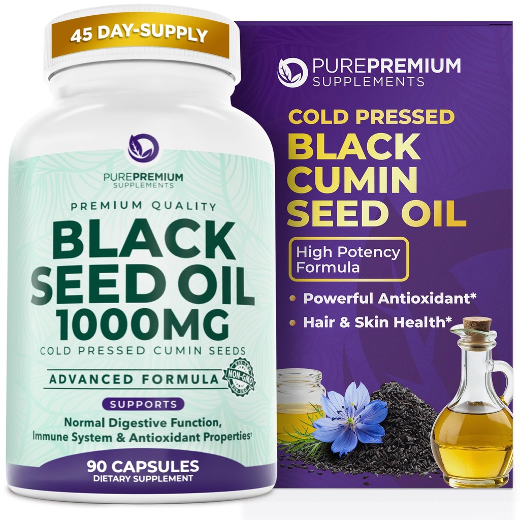 PurePremium Black Seed Oil 500mg - Organic Nigella Sativa Seeds, Cold Cumin Black Cumin Extract - Rambut / Skin Tambahan untuk Pria / Wanita pak 90 Capsules