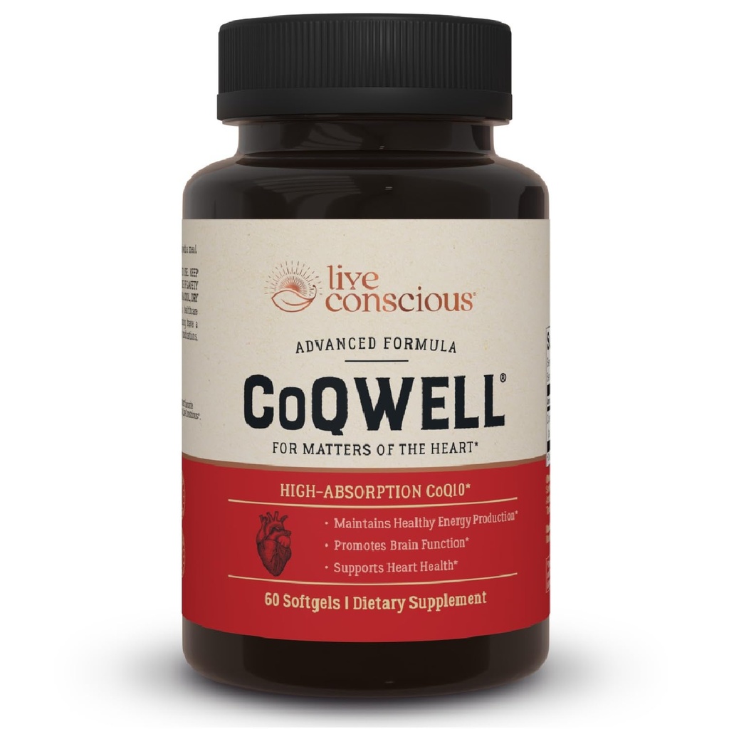 Live Conscious CoQWell - CoQ10 Heart, Brain, dan Vascular Health Support, Coenzim Q10 Ubiquinone - 60 Softgels - 60 Day Supply