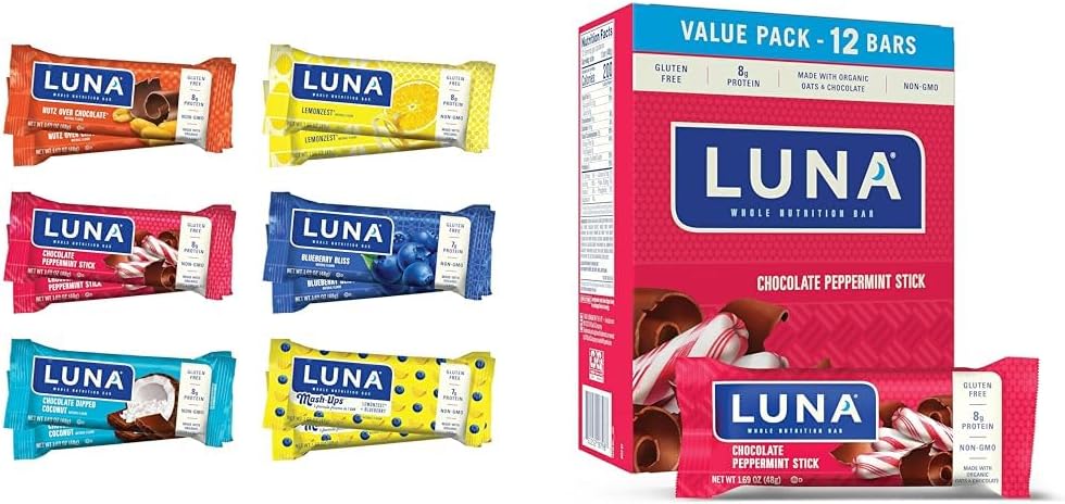 LUNA Bar Variety Pack (12 Count) + Chocolate Peppermint Stick (12 Pack) - Gluten- Free Snack Bars