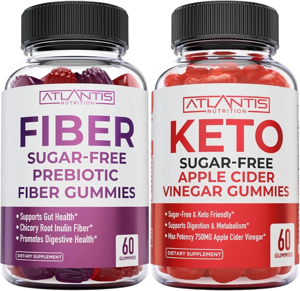 Usus Kacang Atlantis Gula Bebas Prebiotik Gummies untuk Dewasa 2-Pack (120 Gummies) + Gula Bebas Keto Apple Cider 60 Gummies