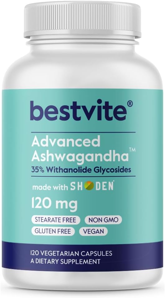 Bestvite Advanced Ashwagandha 120mg w / Shoden (120 Kasules Vegetarian) - Secara klinis Studi Mengarah Industri 35% Withanolide Glycosides - Tidak Ada Stearat - Vegan - Non GMO - GMO Bebas