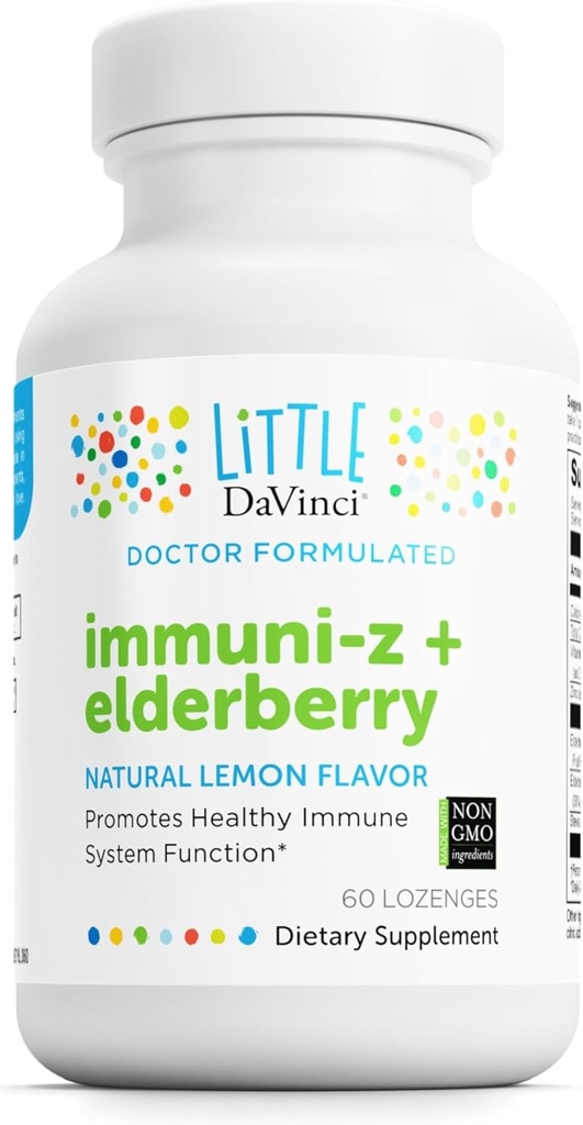DAVINCI Little Immuni- z + Elderberry - Anak-anak Zinc Lozenge untuk mendukung Kesehatan Ammune, Lungs Sehat dan Throat Tissue * - dengan Vitamin D3, Zinc, Elderberry dan More - Lemon Flavor - 60 Lozenges