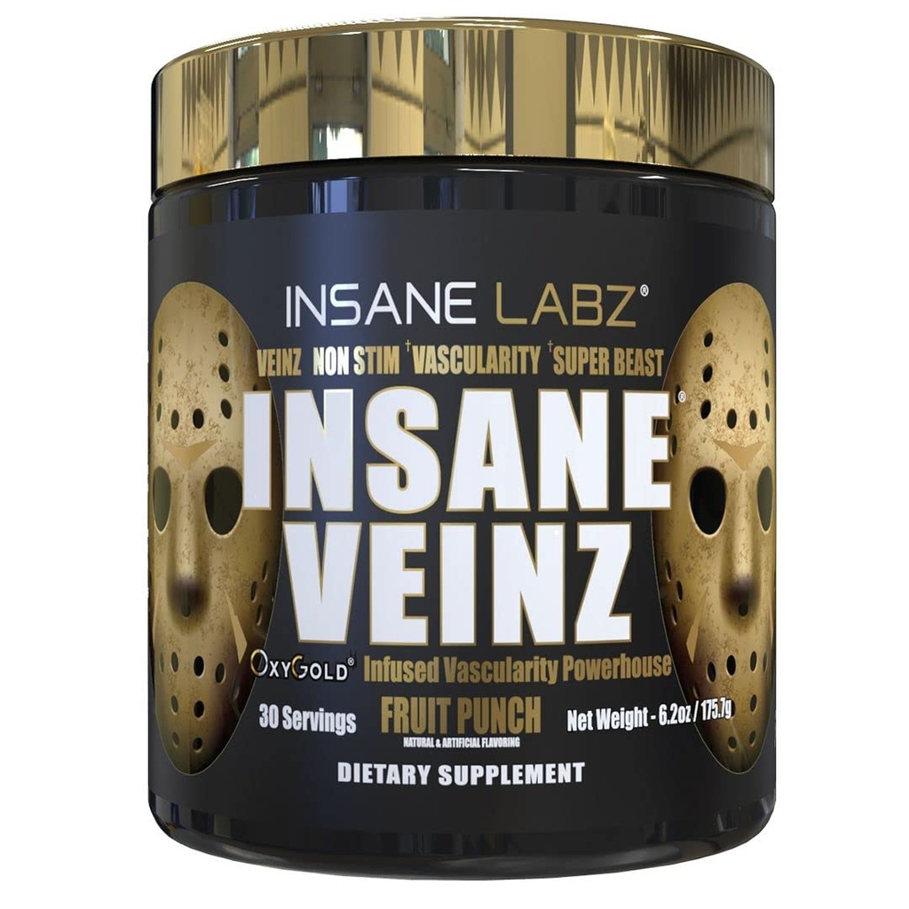 Insane Labz Insane Veinz Gold, Nitric Oxide Non Stimulant pre Workout Powder, Loaded with Hydromax, Nitroigin, Increases Vasculity and Blood Flow, 30 Srvgs, Fruit Punch Punch