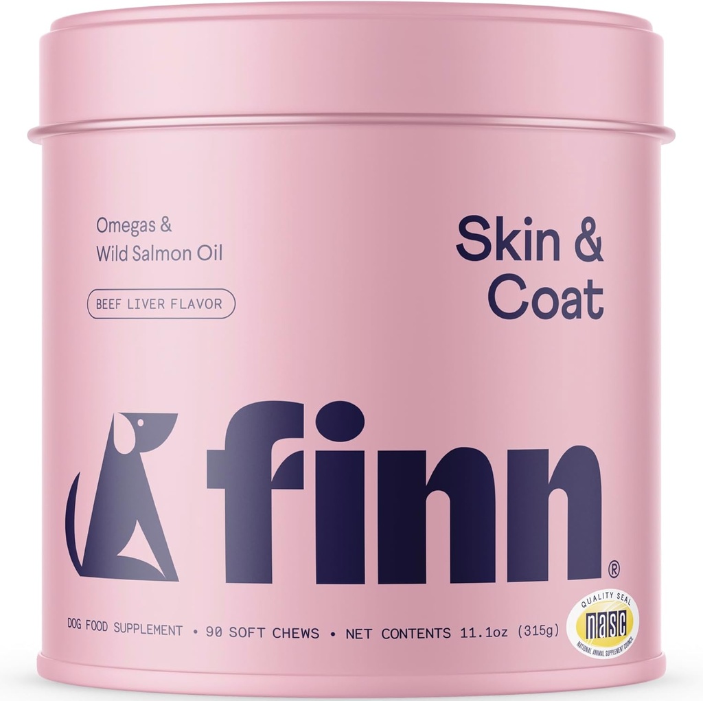 Finn Skin & Coat Salmon suplement for Dogs Hobles 124; Support A Thick & Shiny Coat 14; Fish Oil from Wild Alaska Salmon, Omega-3s, EPA & DHA, Biotin, & Zinc 12490 Soft Chews