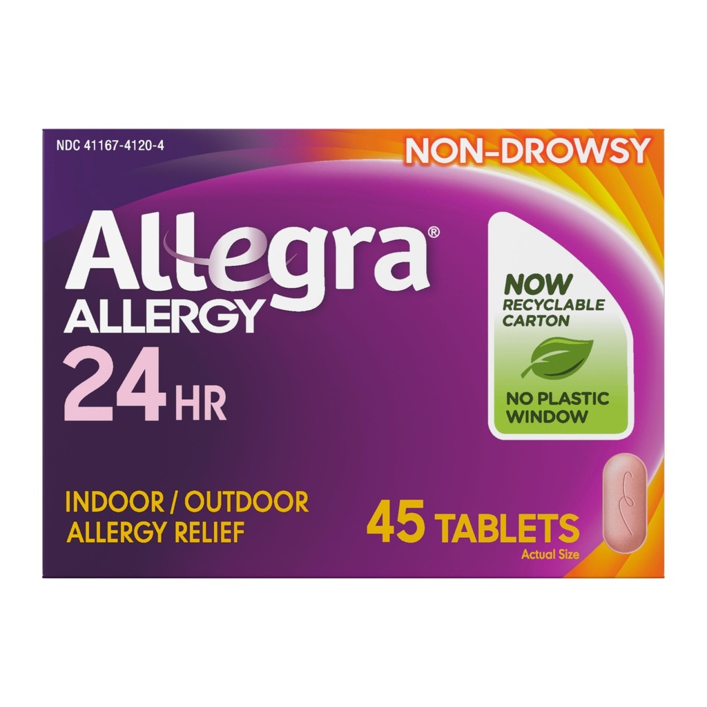 Allegra Dewasa 24- Hour Relief Tablet Allergy, Non- Drowsy Indoor dan Outdoor Allergy Medicine, 180 mg Fexenadine HCI Antihistamin Pill, 45- Count
