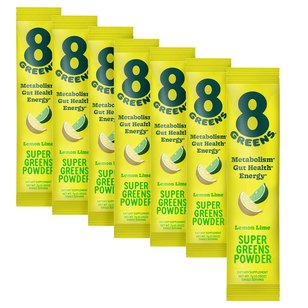 8Greens Super Greens Powder 124; Prebiotic & Probiotic Blend Superfoods for Gut Health, Metabolism, Debloating, with Fiber, Digetical Enzymes, Organic: Spirulina, Chlorella, Lemon Lime, 7 Servis