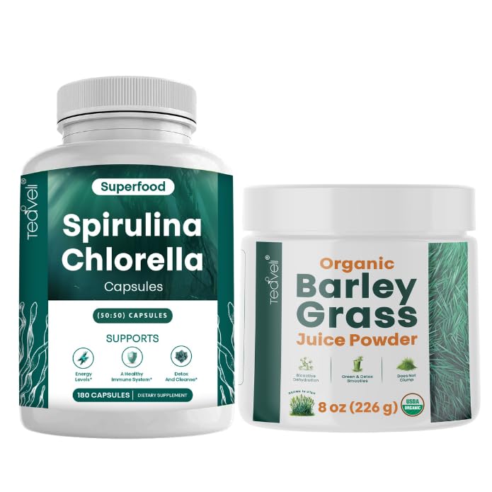 Teaveli Spirulina Chlorella Capsules dan Barley Grass Juice Budle