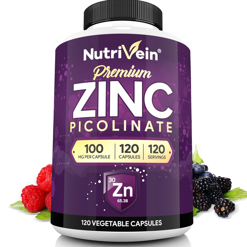 Nutrivein Premium Zinc Picolinate 100mg - 120 Capsules for Dewasa: Suplemen Absorpsi Tinggi Zinc Picolinate - Escuble Ninate Overall Wellness - Max Bioavability