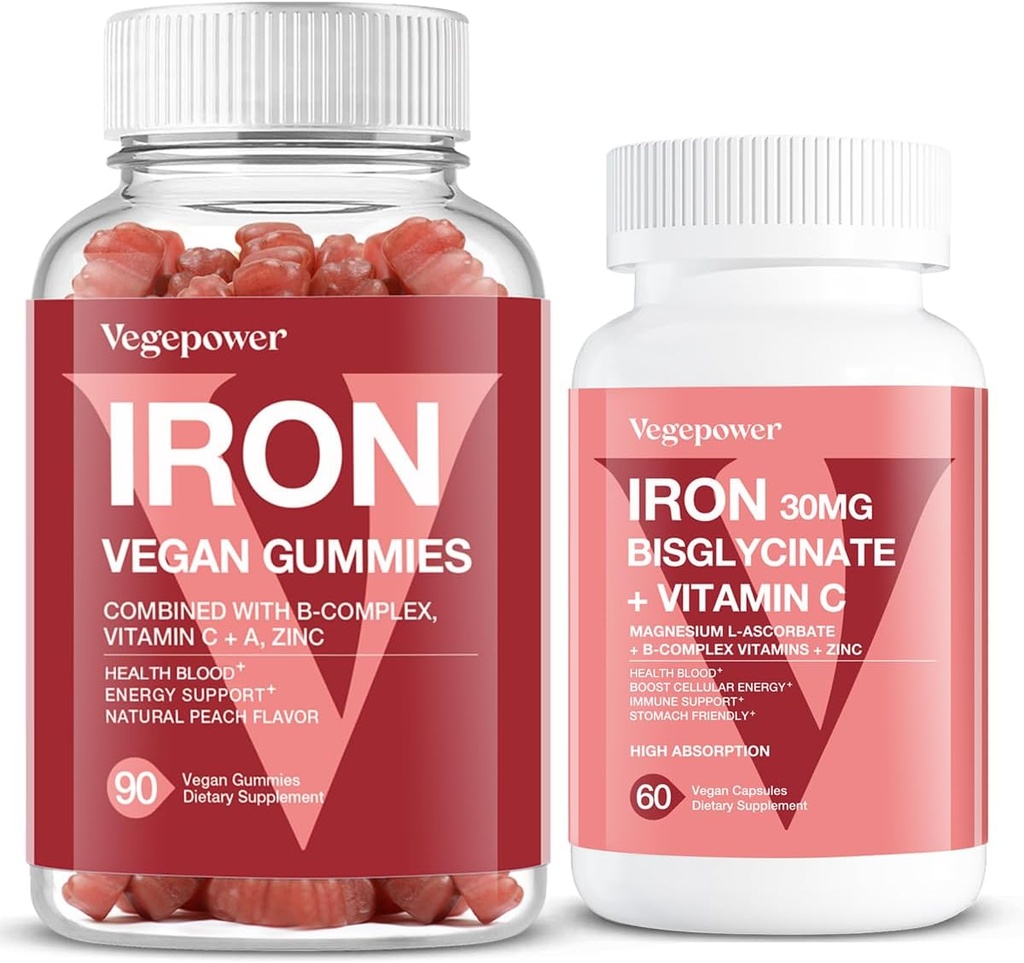 Vegan Iron Gummies + Iron Bisglycinate 30MG 124; Vegan Iron Supplement for Blood Healthy & Daily Energy for Dewasa & Kid - 90 Cacah + 60