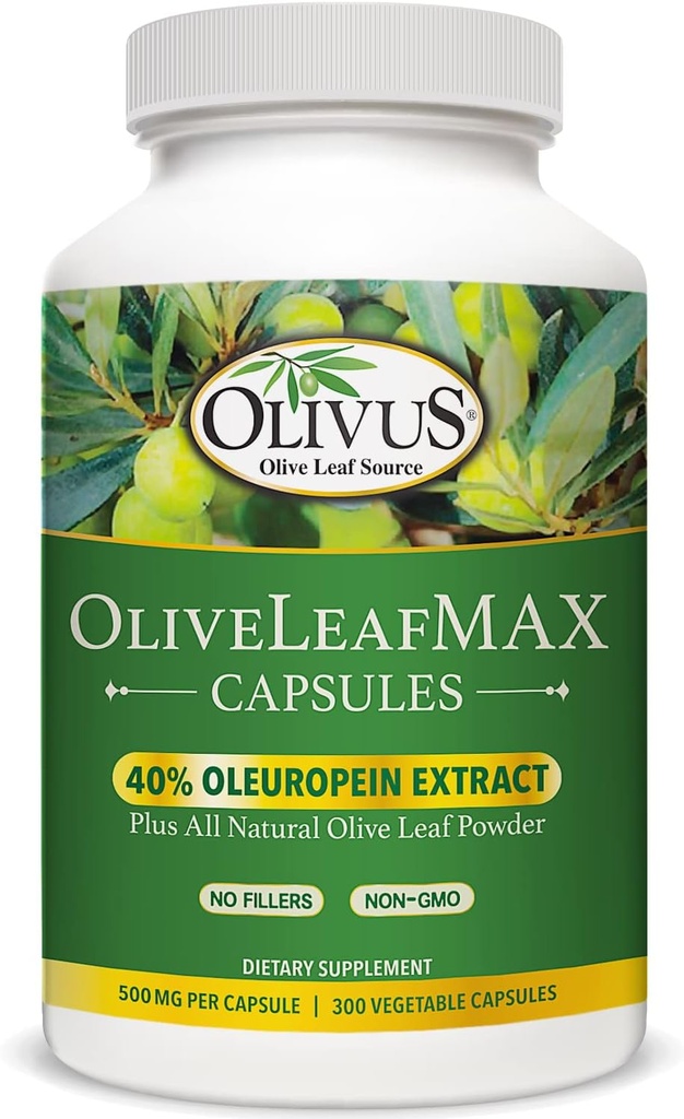 OliveLeafMAX Olive Leaf Extract (40% Oleuroepin) + Organic Olive Leaf Powder + No Fillers + 300 Vegetarian Capsules + Sourced from Spain and Manufacered in USA at GMP Facility