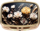 Dynippy Case Pill Box with Mirror Retro Pocket 2 Comment Case Vitamin Pill Organzer for Pocket Purse and Travel (Gold- Flower 1)