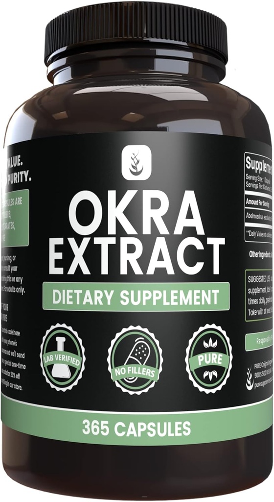 Ekstrak Okra Okra PURE ORIGINAL (365 Capsules) Tidak ada Magnesium atau isian beras, Selalu Murni, Lab Verified