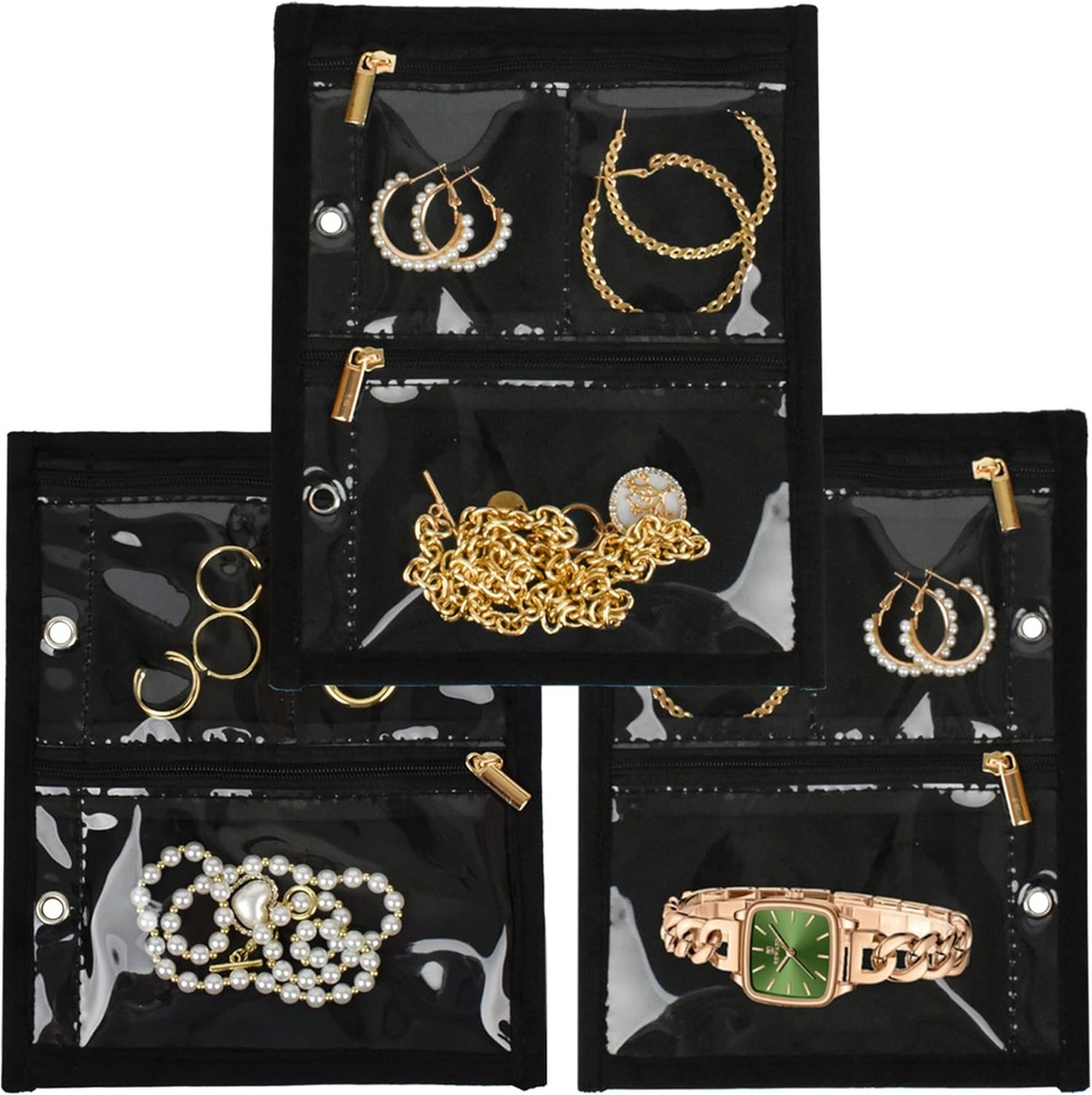 Case Travel Jewelry Organizer, Jewelry Bags Jewelry Storage Book Binder dengan Pock Clear Zipper Velvet untuk Traveling, Earrings, Necklace, Brackets (Halaman Inner, 3 PCS)