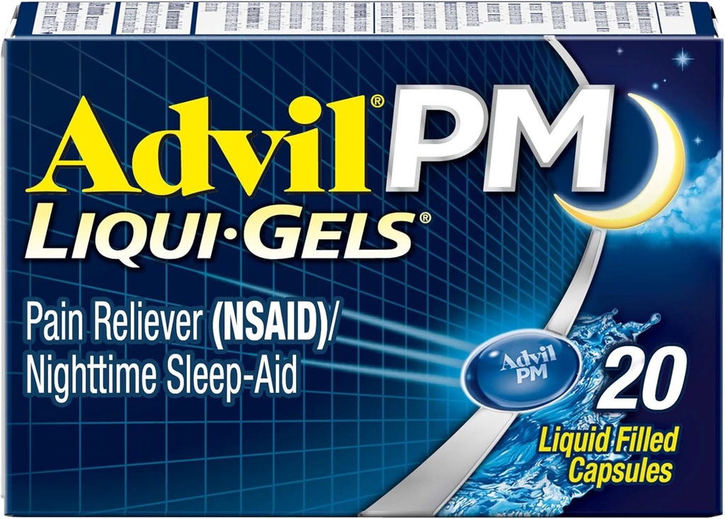 Advil PM Liqui- Gels Pain Reliever and Nighttime Sleep Aid, Suin Medicine with Ibuprofen for Pain Relief and Diphenhydramine HCL for a Sleep Aid - 20 Liquid Filed Capsules - Back to College