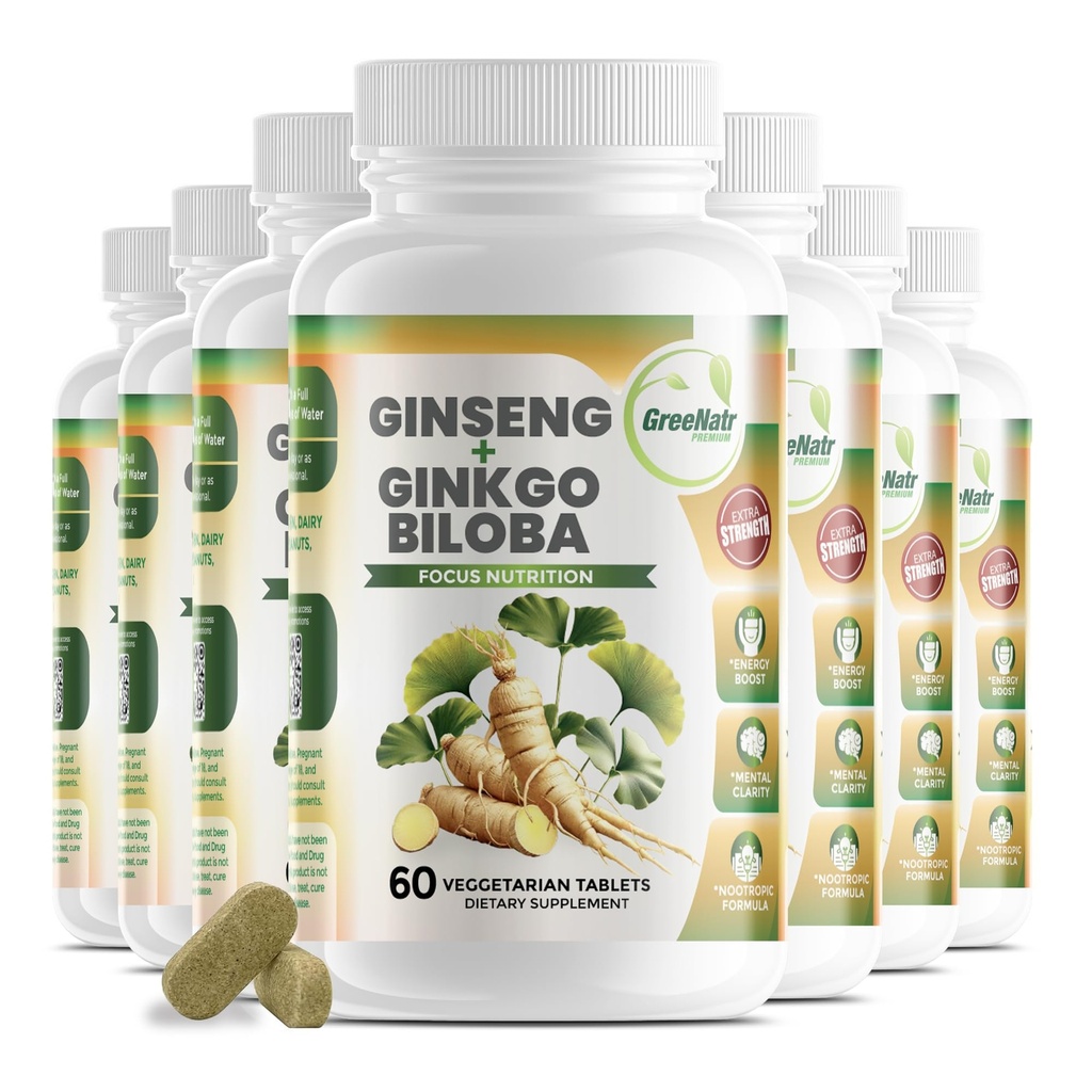 GreeNatr Ginko Biloba & Panax Ginseng Suplement - Red Ginseng Brain Suplemen untuk Memori dan Fokus - Ginkgo Biloba Suplemen untuk Good Vision, Simiune System dan Imported Blood Flow - 12 Botol
