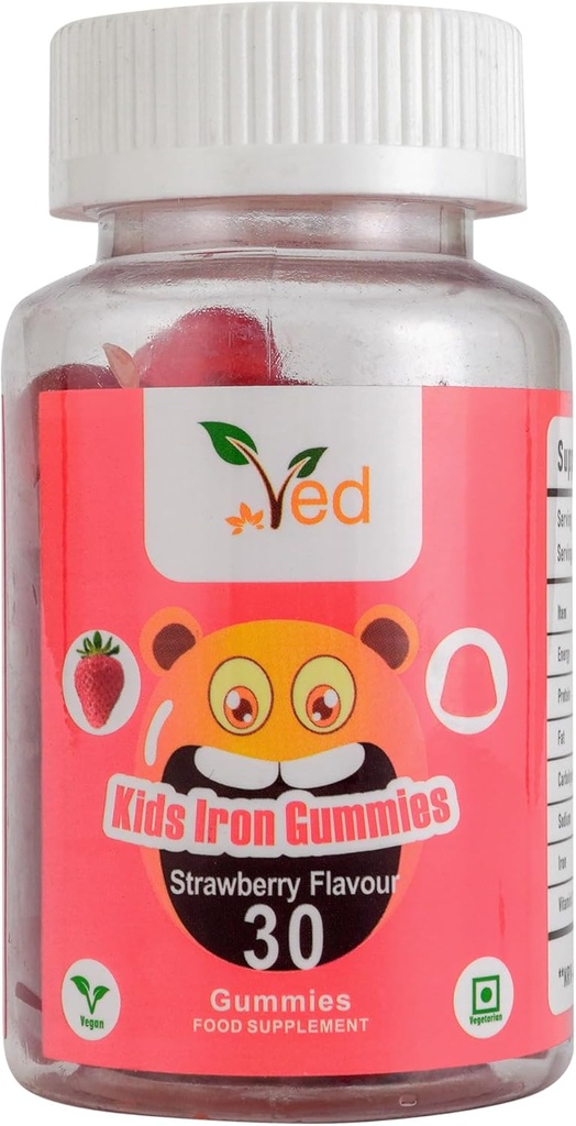 Ved Kids Iron Kimmies for Iron Suplemen, Energy & Immune System - Vegan - 15 Days Supply, 30 Chewable Kids Vitamin Gummies.
