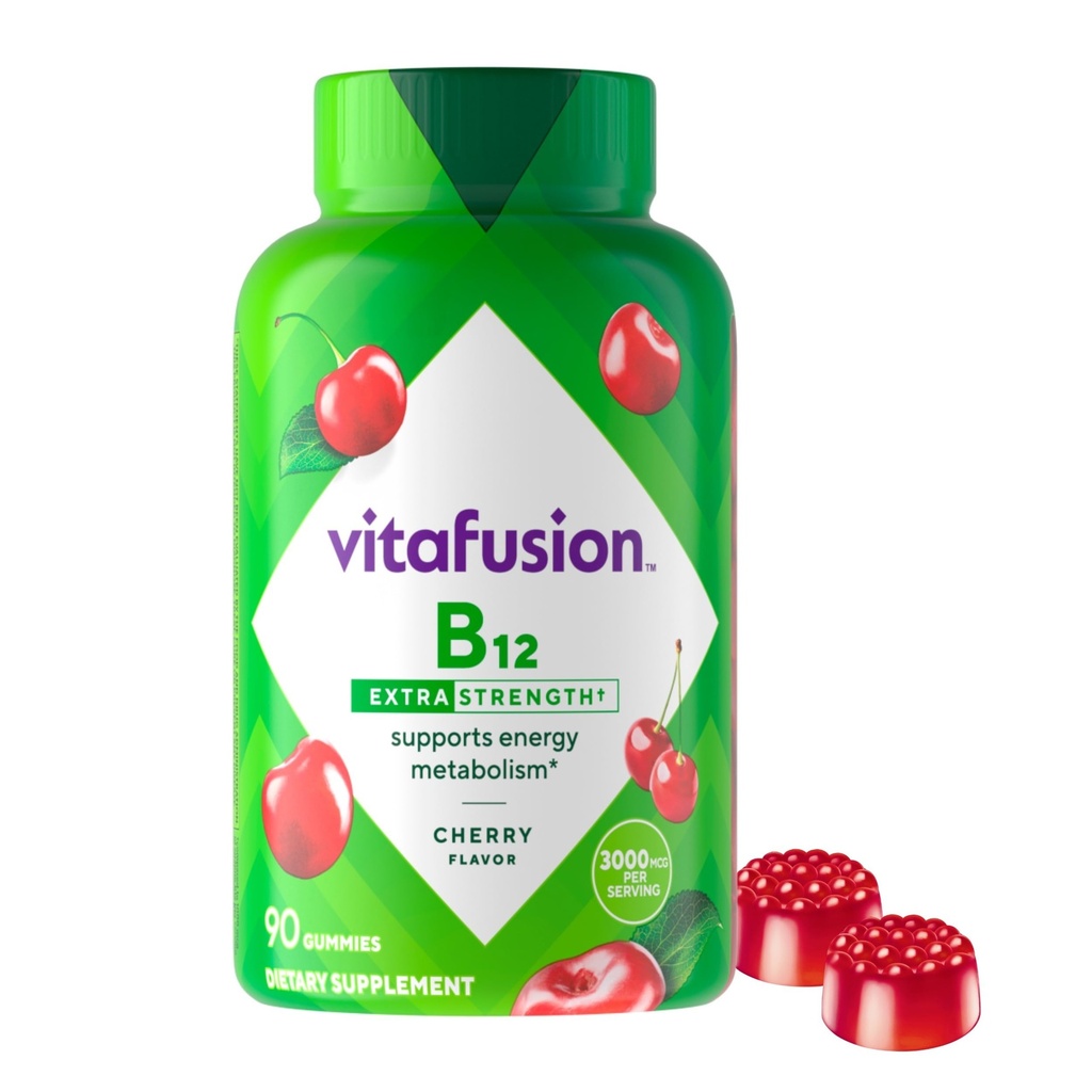 vitafusion Extra Stremin B12 Gummies, Support Energi Metabolisme dan Dukungan Kesehatan Sistem Gummy, Suplemen Vitamin untuk Perempuan dan Pria, Cherry Flavor, Persediaan Hari 45, 90 Cacah