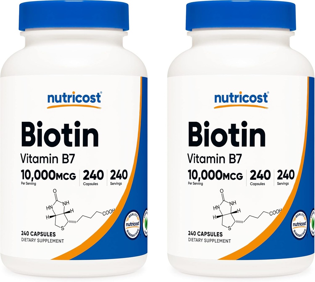 Nutricost Biotin (Vitamin B7) 10,000mcg (10mg), 240 Caps (2 Botol) - Non-GMO, Gluten Free