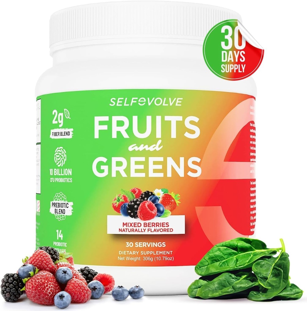 Fruit and Greens Organic Probiotic Powder: 30 Servis untuk Pria & Perempuan. Vegan dengan 10 Milyar CFUs, Spirulina, Kale, Spinach, Chlorella, Elderberry, Enzymes Digetrical - Progories