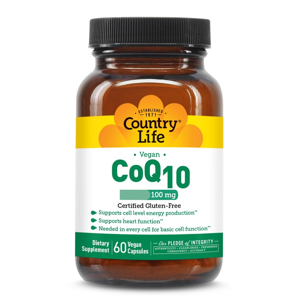 Country Life Simple CoQ10 100mg - Mendukung Fungsi Jantung & Cellular Energy, Vegan Softgels, Gluten- Bebas, Tanpa GMO Suplemen, 60 ct - Cardiovaskular Health Support