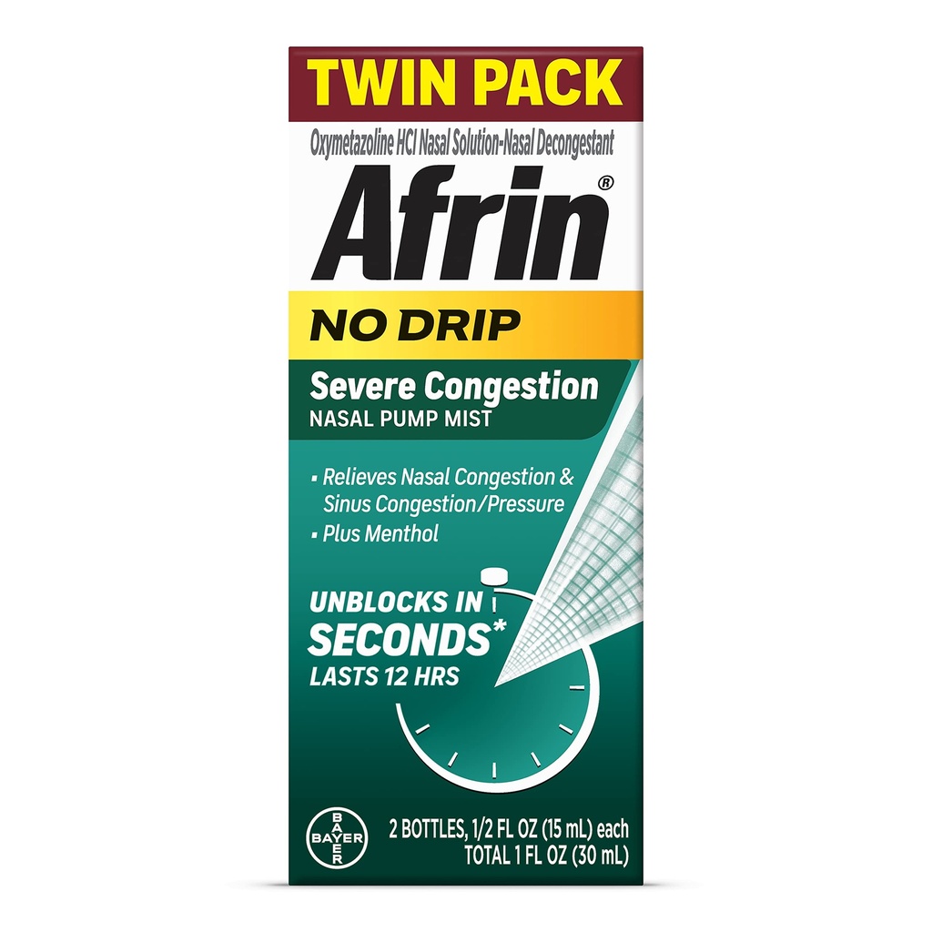 Afrin No Drip no PAST Contraffic Nasal Mist Twin, Non-Drowsy, Fast-- Acting Decongestant for Nasal Contration and Sinus Pressure Relief, Dewasa dan Anak 6 dan Older, .5 fl oz (Paket 2)