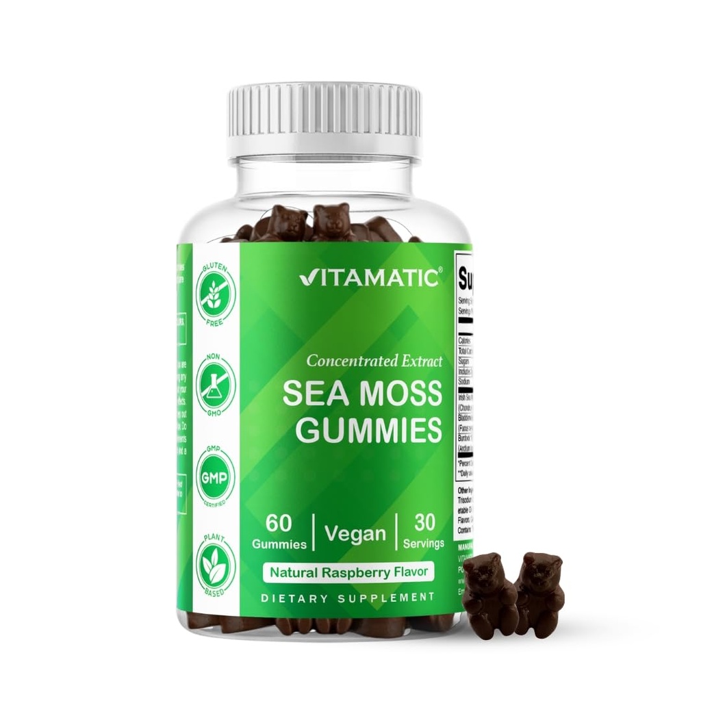 Vitamatic Irish Moss Gummies - 3000mg Equalovalen Per Serving (from Extract 12.5mg) - 60 Ct Made with Bladderwrack & Burdock Root - Seamoss Suplemen untuk Thyroid, Energy & Imune Dupport