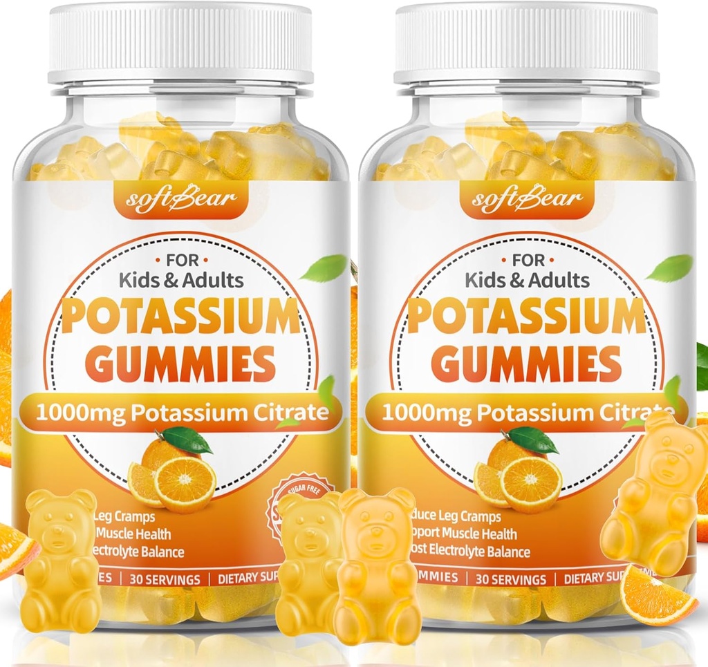 Softbear Potasium Citrate 1000mg, Sugar Free Potasium Gummies for Dewasa Mendukung Kram Leg & Muscle Health Tinggi Potensi Tambahan Gummies Orange Flavor 120 Count